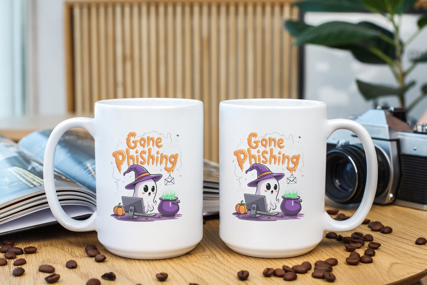 Gone Phishing Halloween Ghost Design Ceramic Mugs