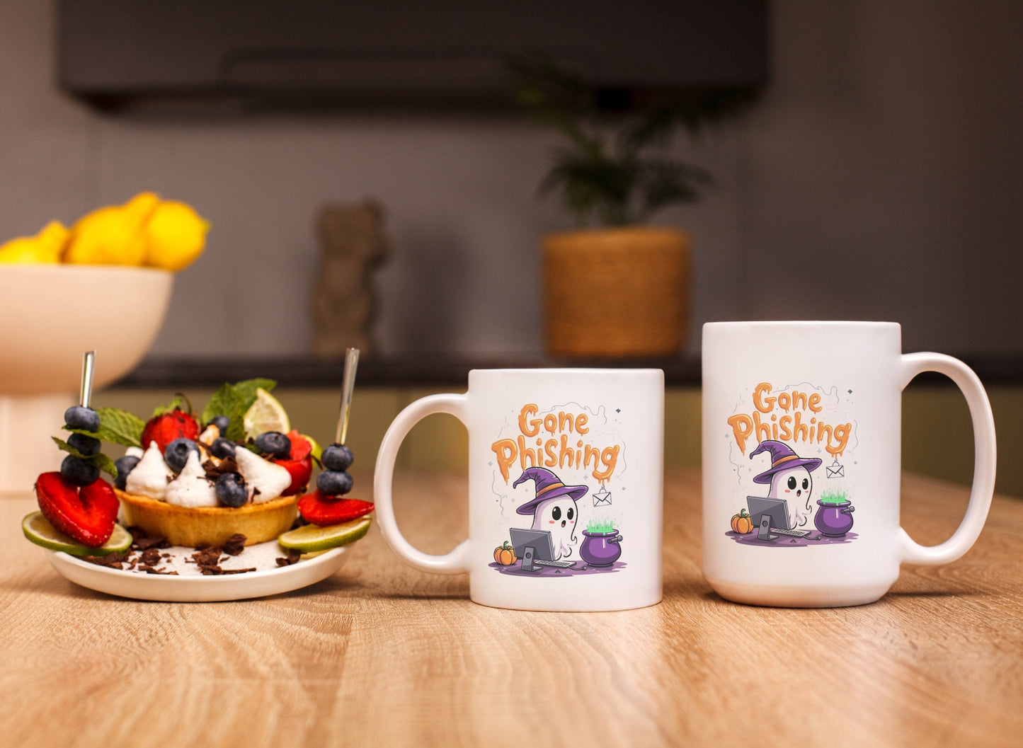 Gone Phishing Halloween Ghost Design Ceramic Mugs