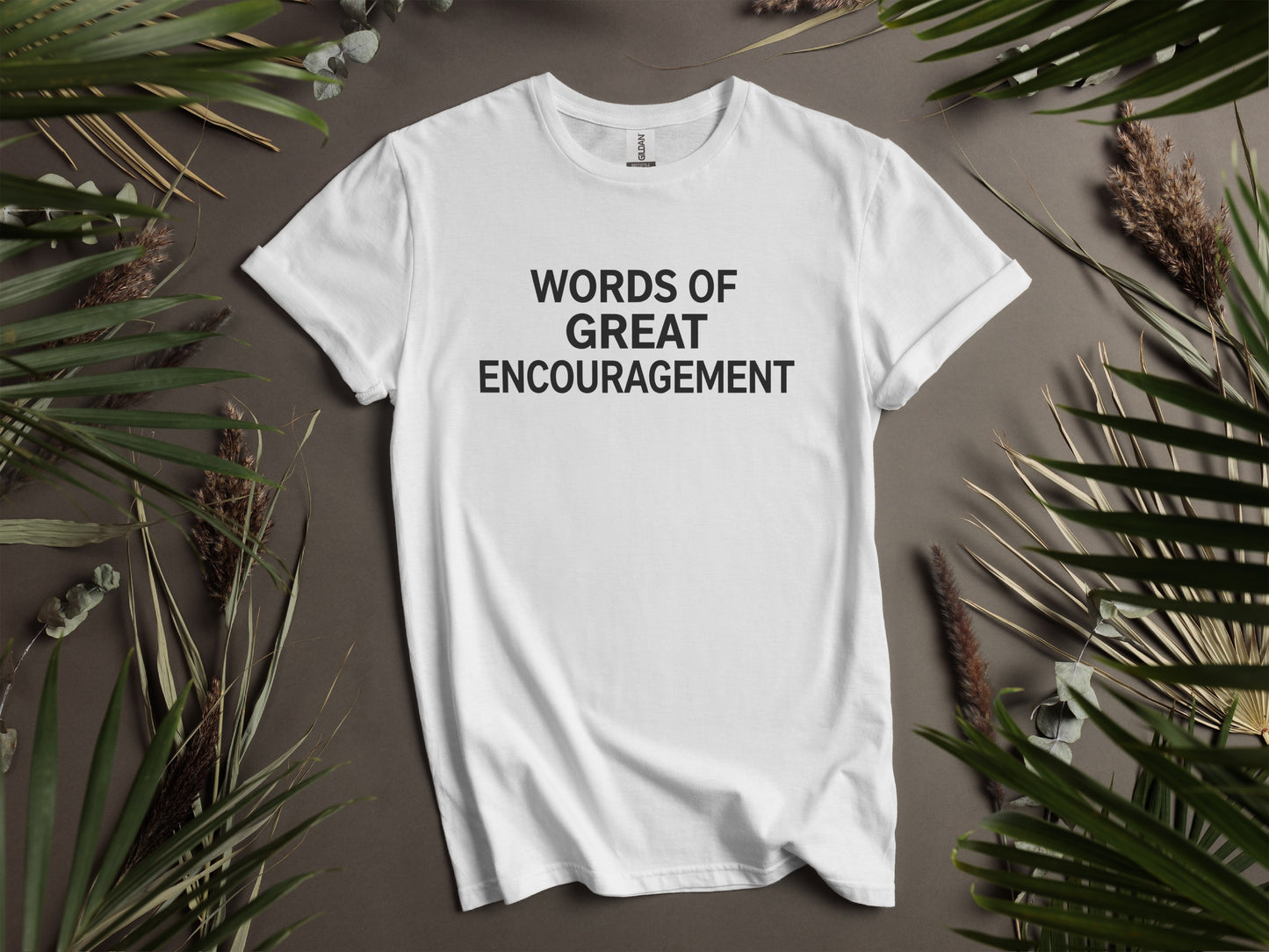White t-shirt with black text that reads "WORDS OF GREAT ENCOURAGEMENT".