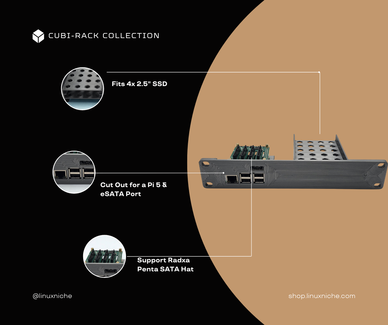 1U Pi-NAS Shelf for 10" Mini Rack – Fits Raspberry Pi 5 + 4x 2.5" SSDs – Radxa Penta SATA HAT Compatible