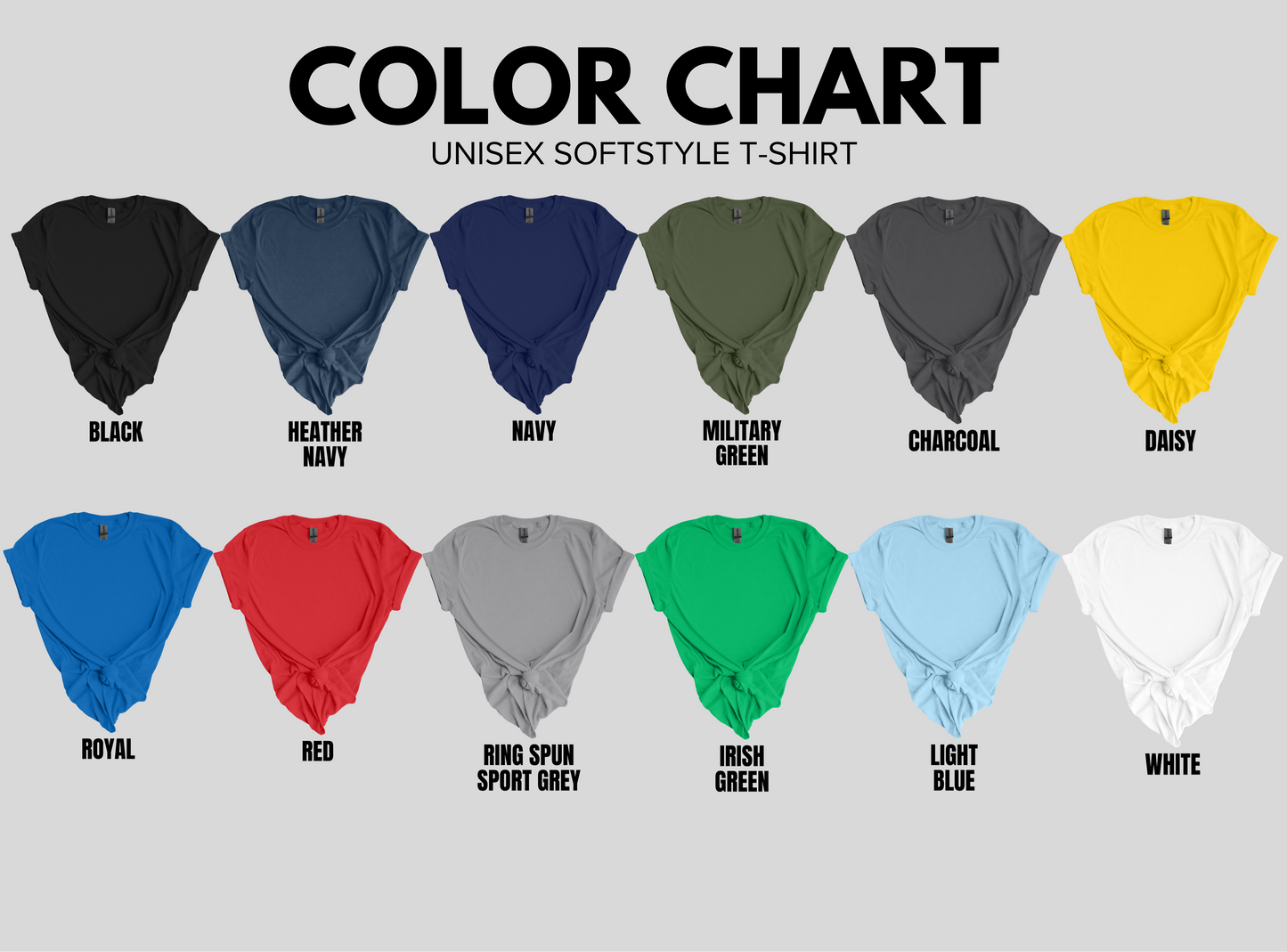 Color chart for unisex softstyle t-shirts in black, navy, green, charcoal, yellow, royal, red, grey, and white.