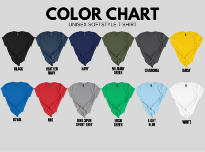 Color chart for unisex softstyle t-shirts in black, navy, green, charcoal, yellow, royal, red, grey, and white.