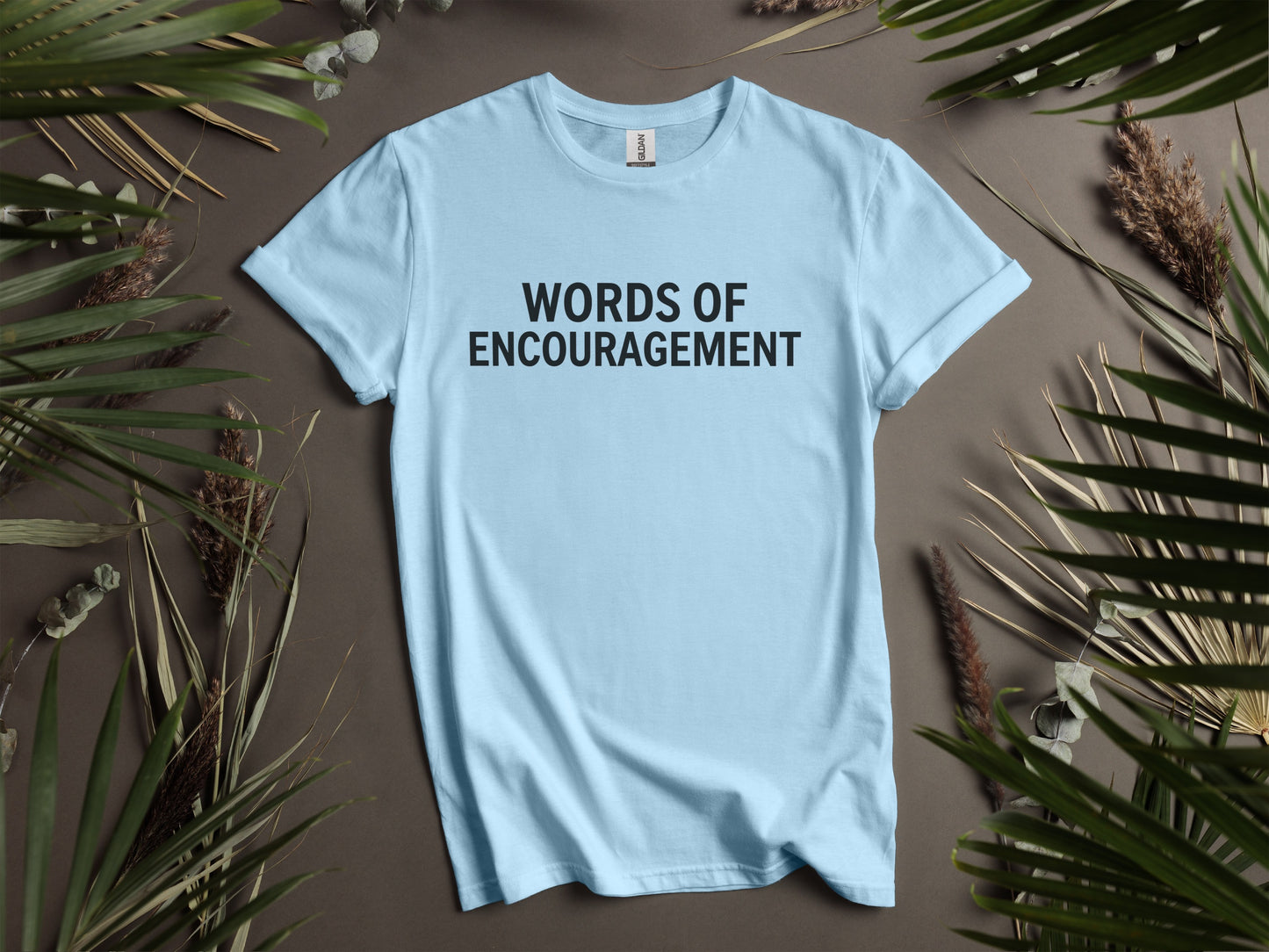 Light blue t-shirt with black text reading "WORDS OF ENCOURAGEMENT".