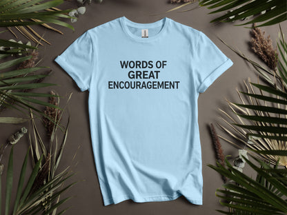 Light blue t-shirt with black text "WORDS OF GREAT ENCOURAGEMENT".